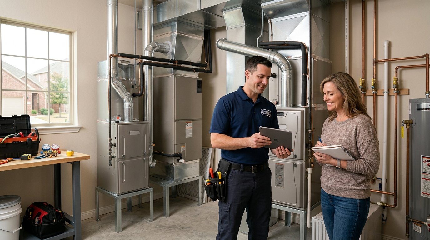 An HVAC technician discusses furnace options with a homeowner in a residential utility room.