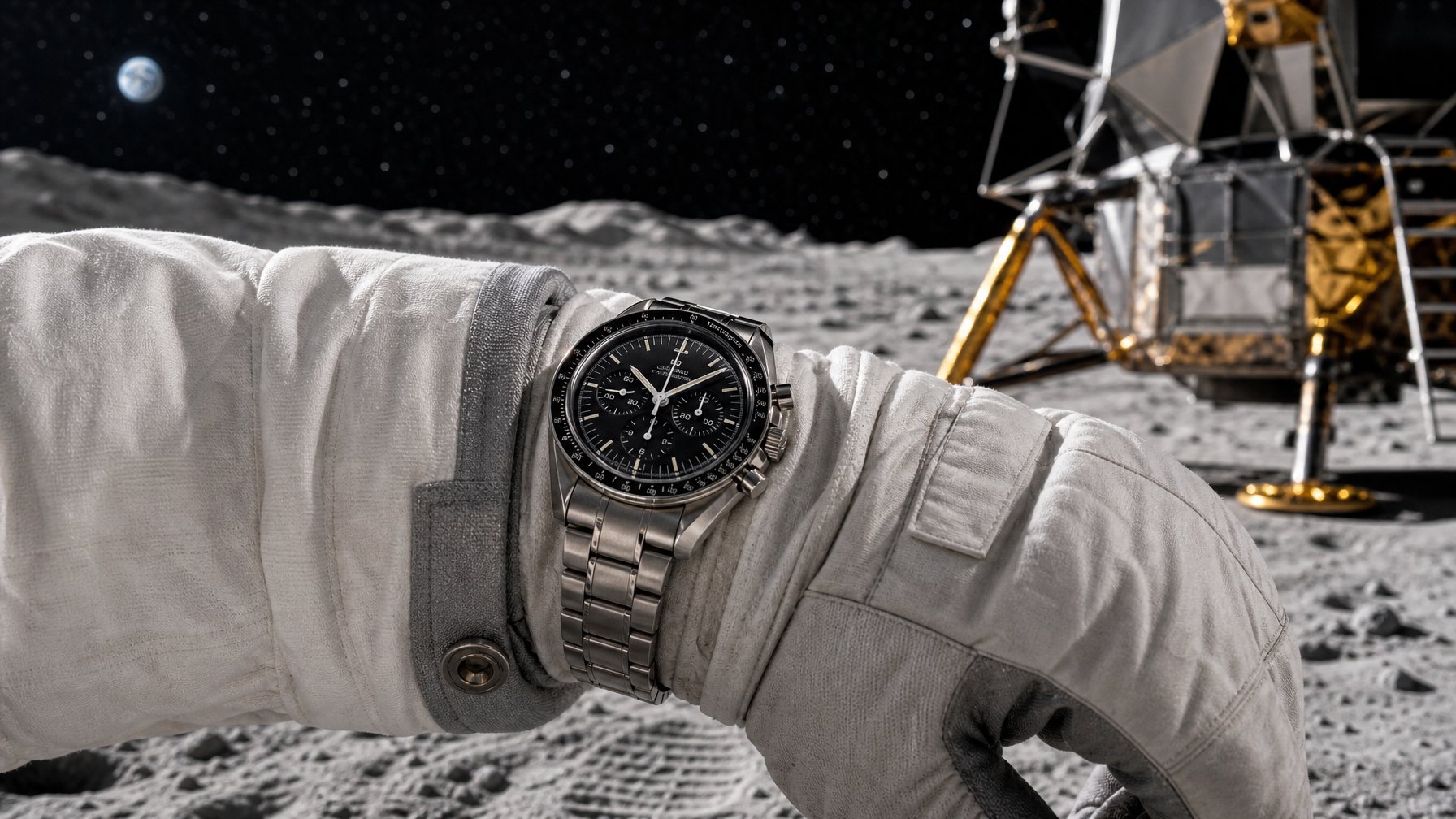 Jam tangan kronograf terpasang pada lengan pakaian astronot di permukaan Bulan.