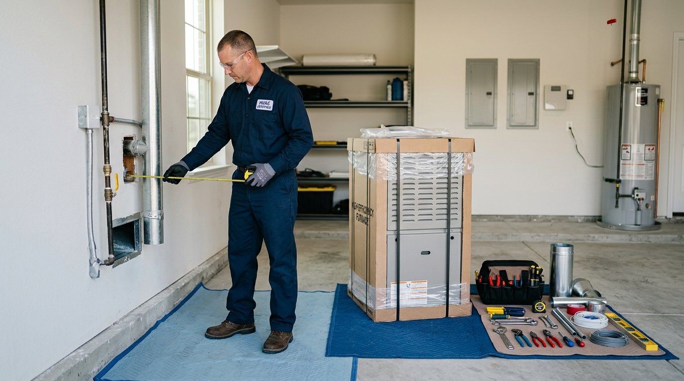 An HVAC technician prepares a home utility room for furnace installation while inspecting equipment and organizing tools.