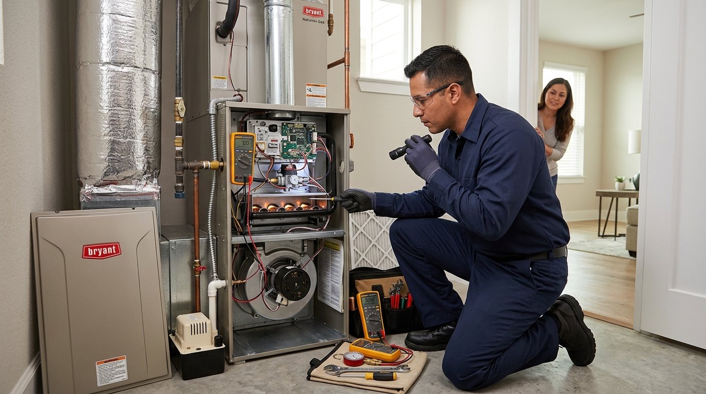 HVAC technician inspecting and servicing a residential furnace in a utility room.