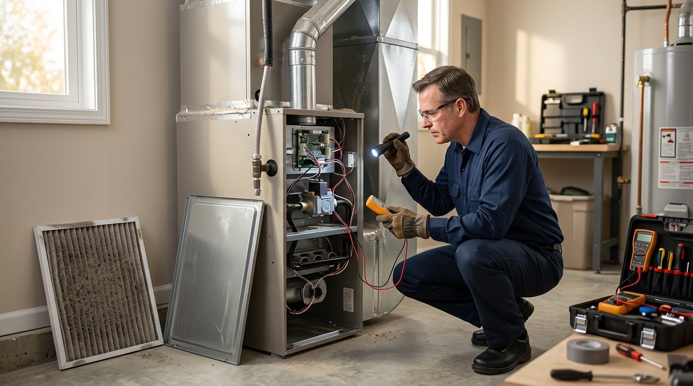 An HVAC technician inspects a residential furnace in a utility room.