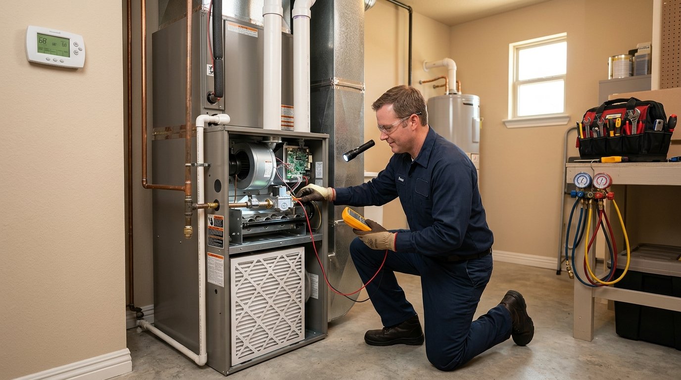 An HVAC technician inspects a residential furnace during a routine maintenance visit.