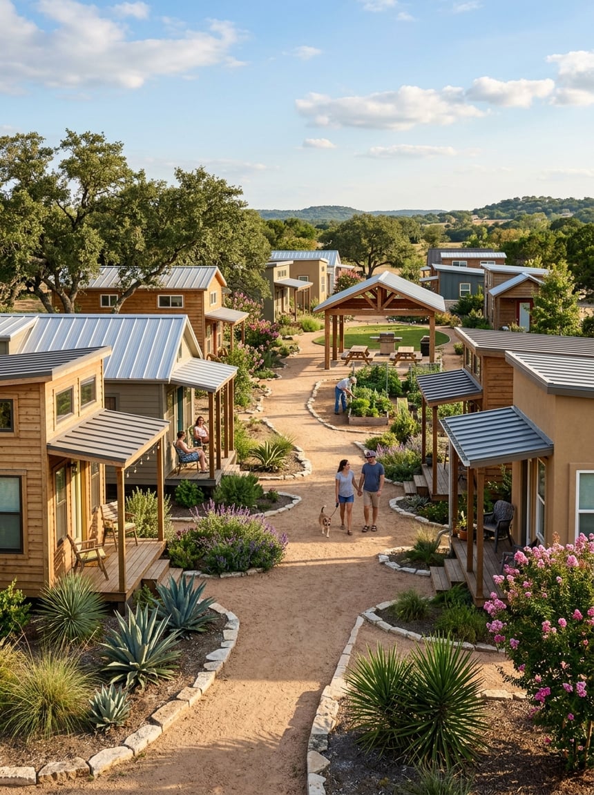 Best Tiny Home Communities in San Antonio: A Complete Guide 1 A landscaped tiny-home neighborhood in San Antonio with modern small houses, trees, gardens, and residents enjoying the community.