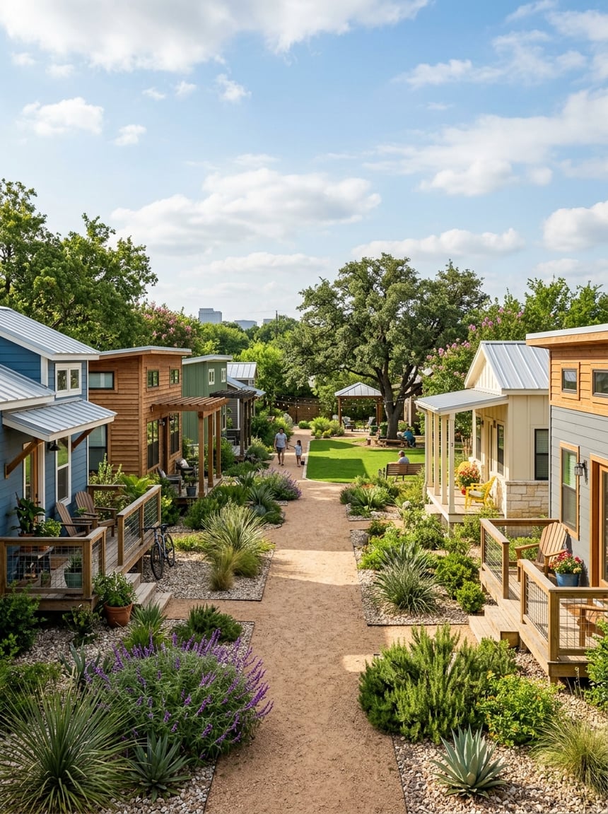 Best Tiny Home Communities in San Antonio: A Complete Guide 2 A welcoming San Antonio tiny home community with compact houses, landscaped pathways, and shared green space.