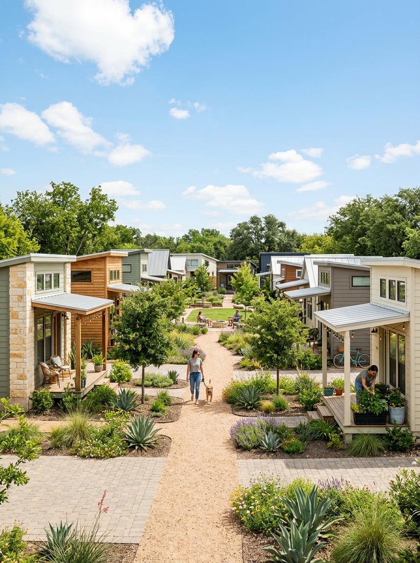 Best Tiny Home Communities in San Antonio: A Complete Guide 3 A sunny San Antonio neighborhood with several modern tiny homes, landscaped paths, and a shared green space.