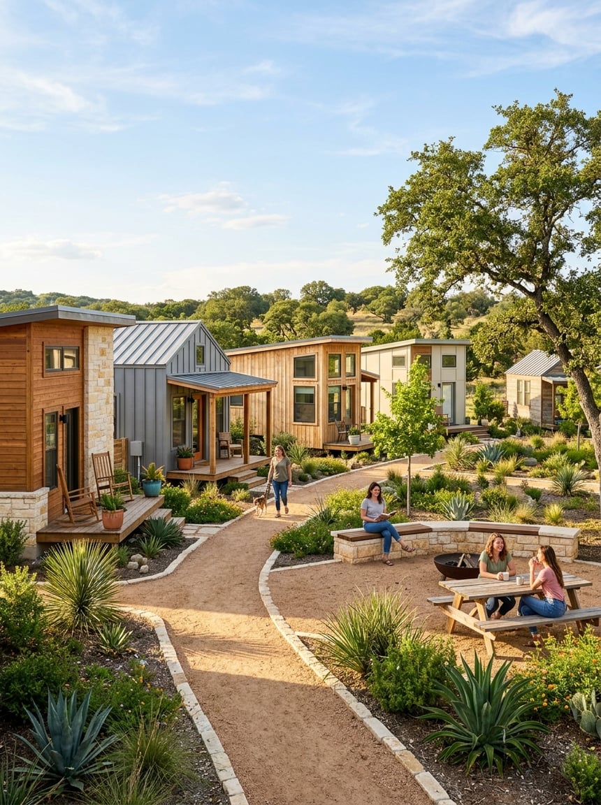 Best Tiny Home Communities in San Antonio: A Complete Guide 4 A welcoming community of modern tiny homes with landscaped walkways and residents enjoying a shared outdoor space.