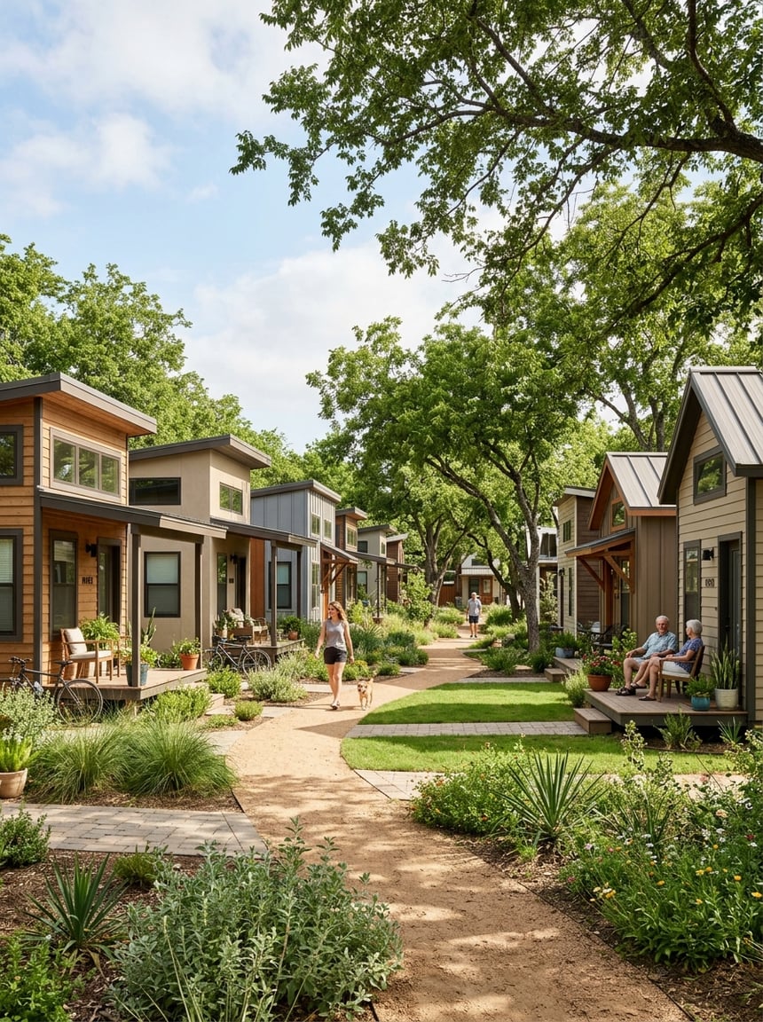 Best Tiny Home Communities in San Antonio: A Complete Guide 5 A welcoming community of modern tiny homes along a tree-lined trail with landscaped green spaces.