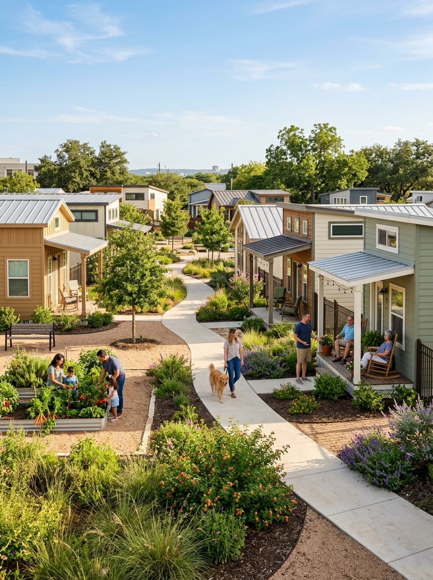 Best Tiny Home Communities in San Antonio: A Complete Guide 6 A welcoming tiny home community with compact houses, landscaped paths, shared green spaces, and residents spending time outdoors.