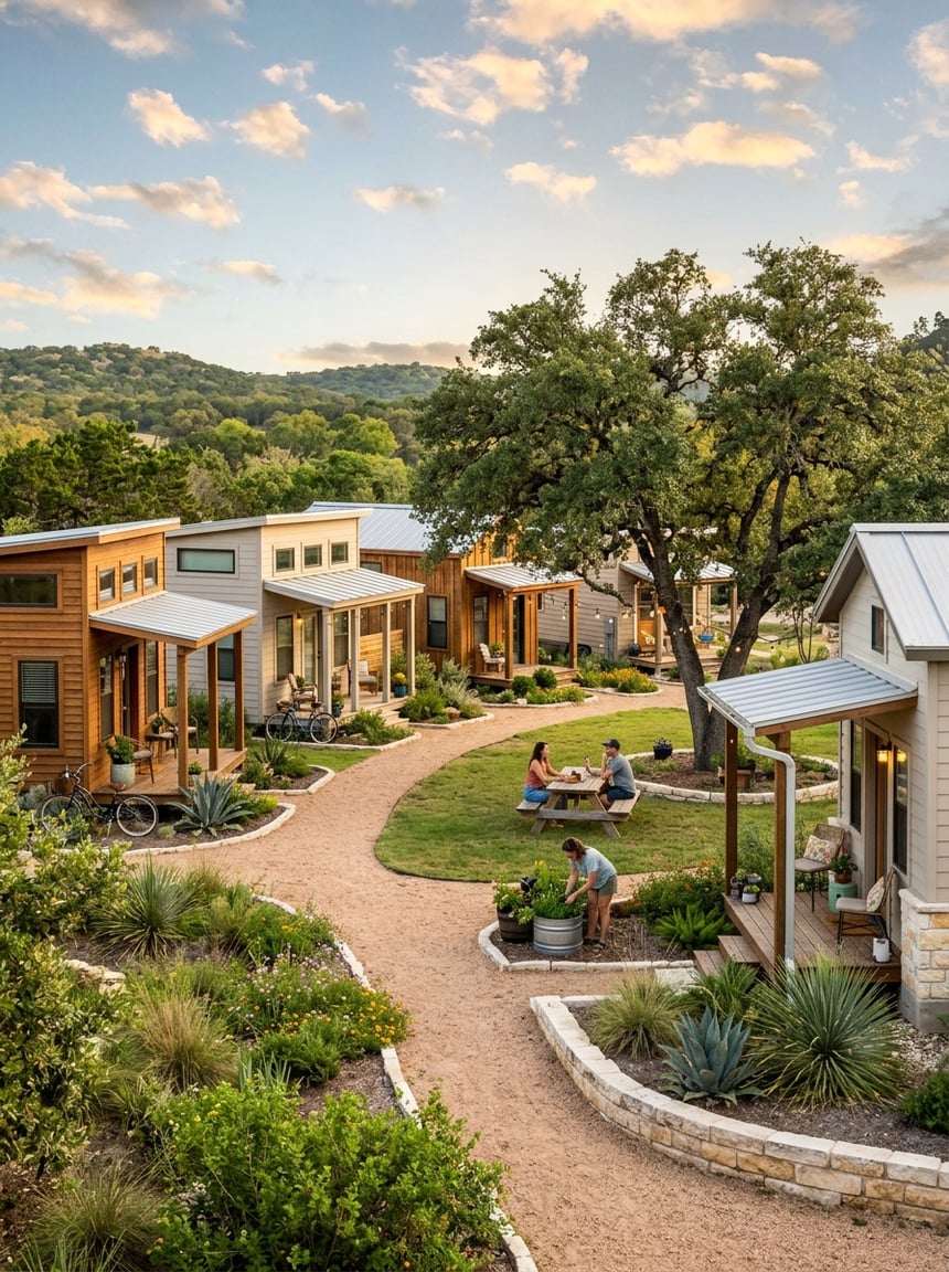 Best Tiny Home Communities in San Antonio: A Complete Guide 7 A welcoming tiny home community with modern cottages, native Texas landscaping, and a shared green space.