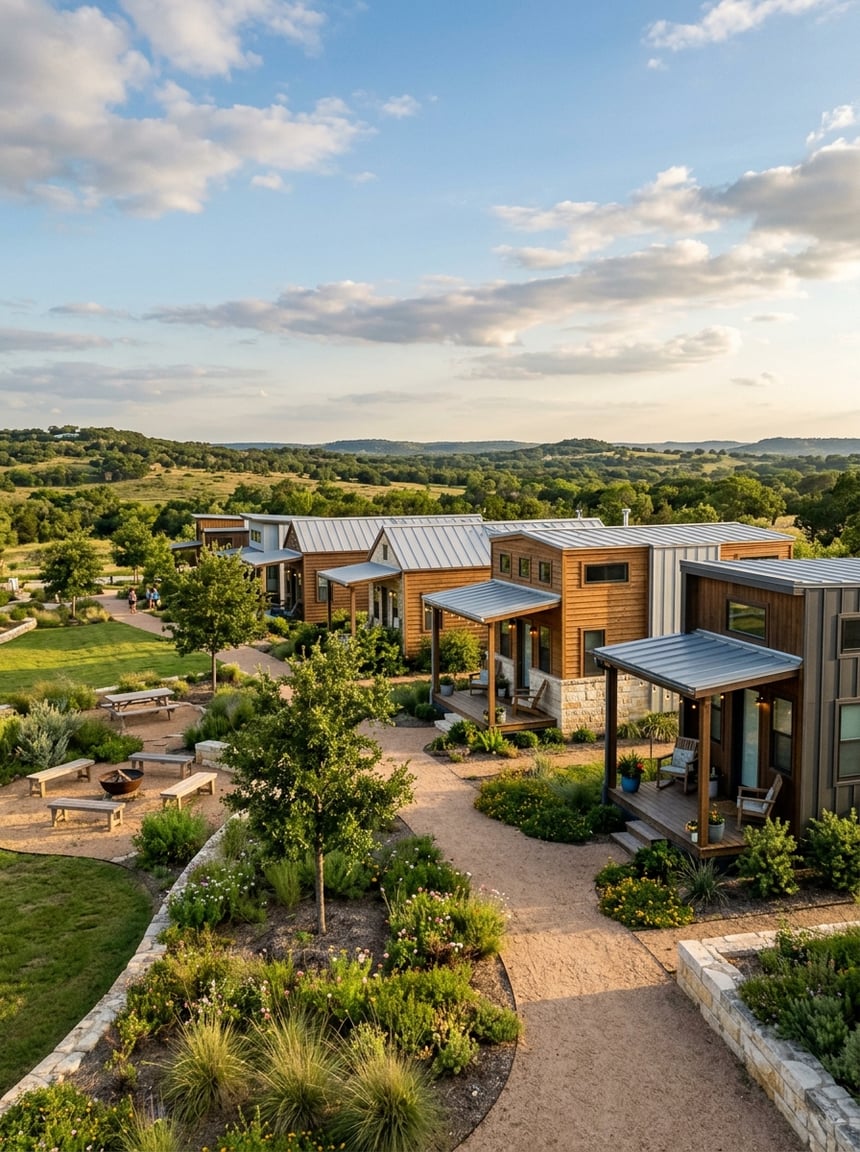 Best Tiny Home Communities in San Antonio: A Complete Guide 8 A welcoming community of modern tiny homes surrounded by native landscaping and rolling Texas Hill Country terrain.