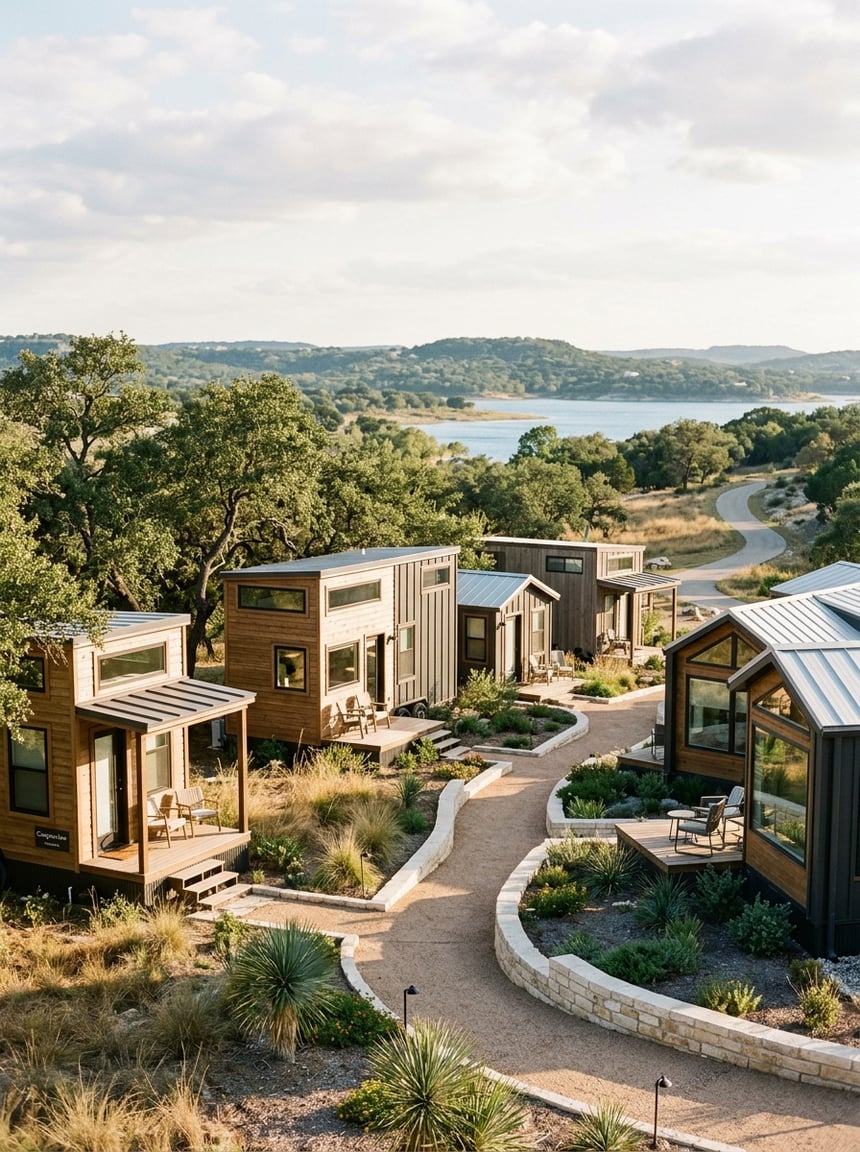 Best Tiny Home Communities in San Antonio: A Complete Guide 9 A cluster of modern tiny homes surrounded by trees and rolling hills near Canyon Lake.