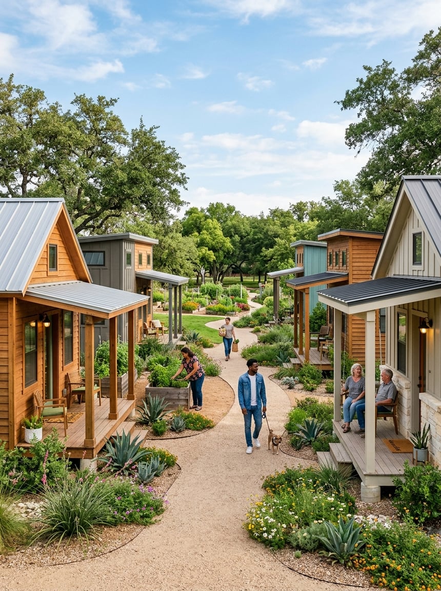 Best Tiny Home Communities in San Antonio: A Complete Guide 10 A welcoming tiny home community with compact houses, landscaped paths, trees, and residents in a shared green space.