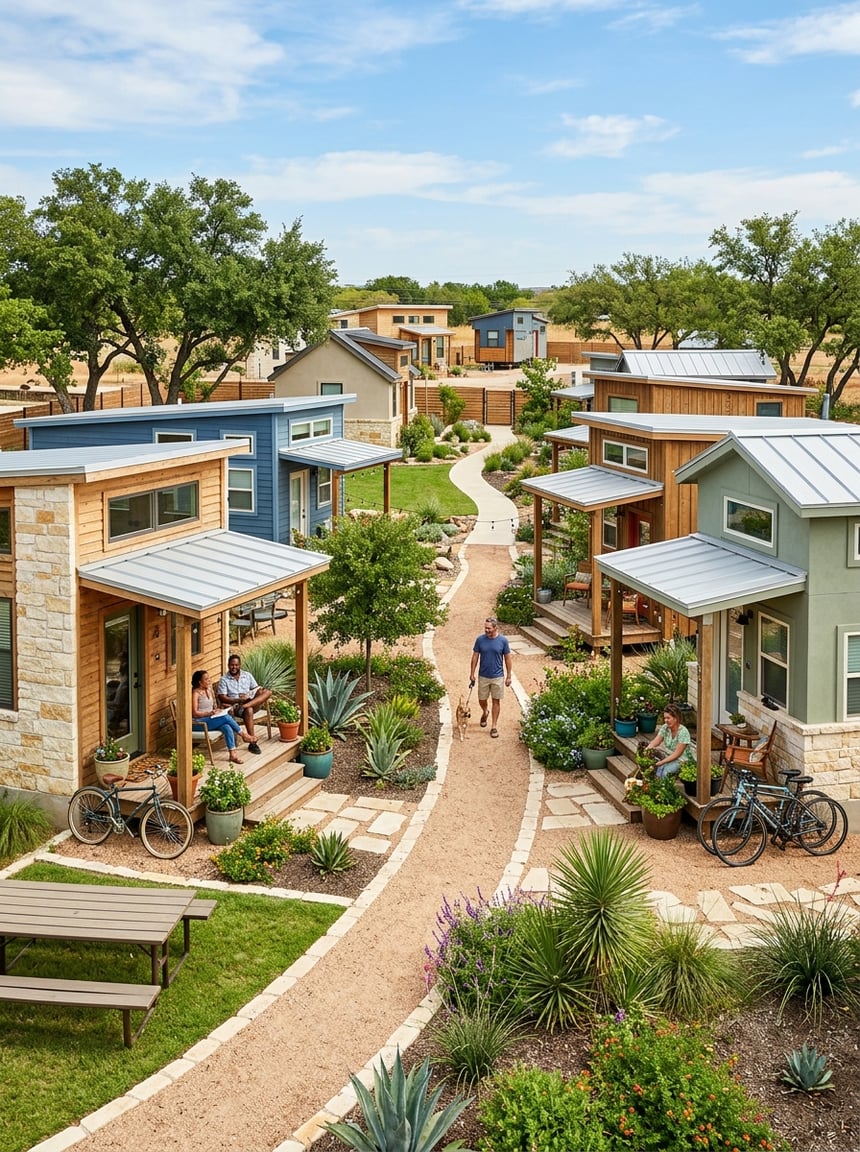Best Tiny Home Communities in San Antonio: A Complete Guide 11 A landscaped tiny home community with modern homes, shared green space, and residents enjoying the sunny outdoors.