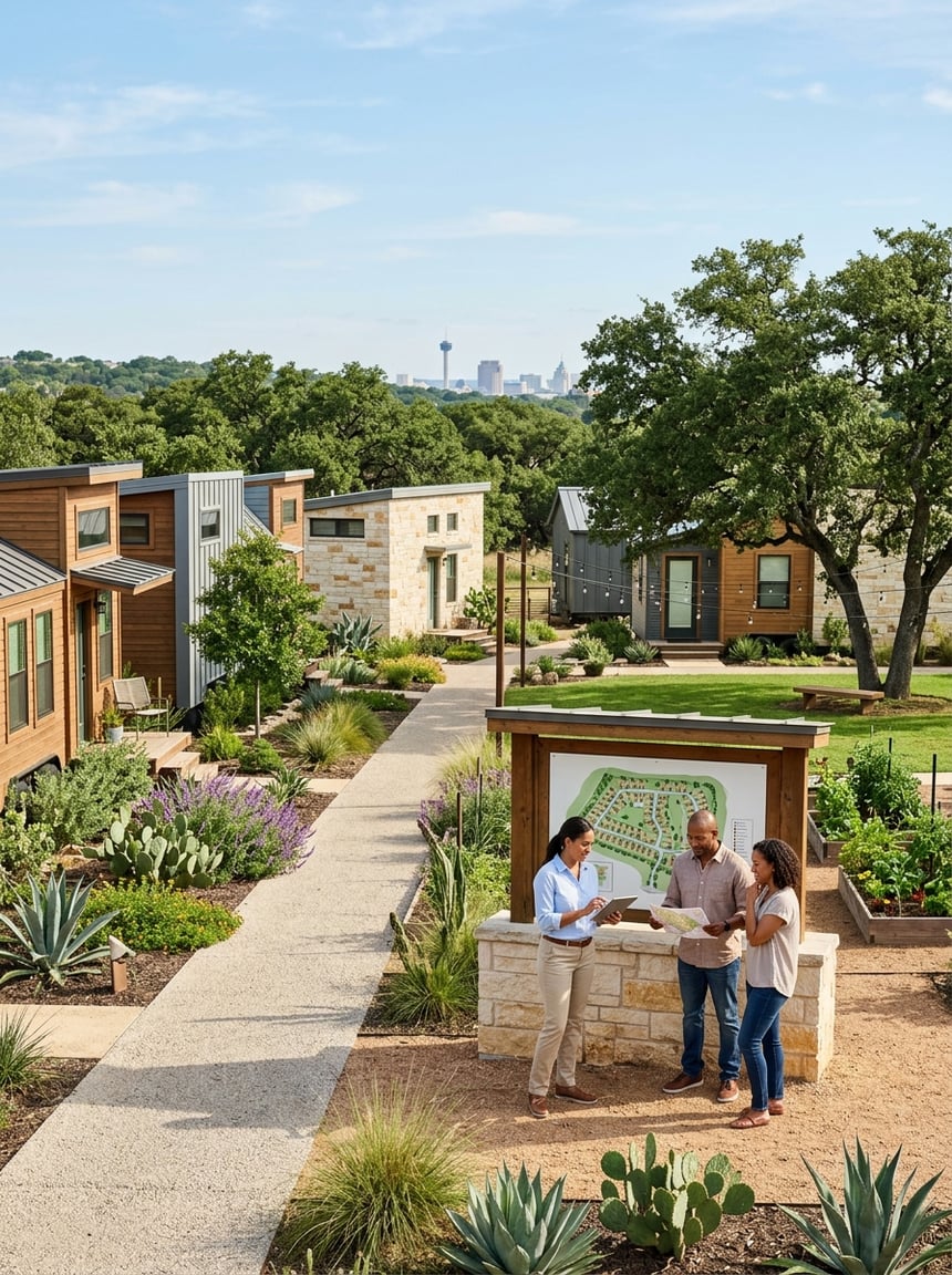Best Tiny Home Communities in San Antonio: A Complete Guide 12 People compare options in a landscaped tiny home community in San Antonio.