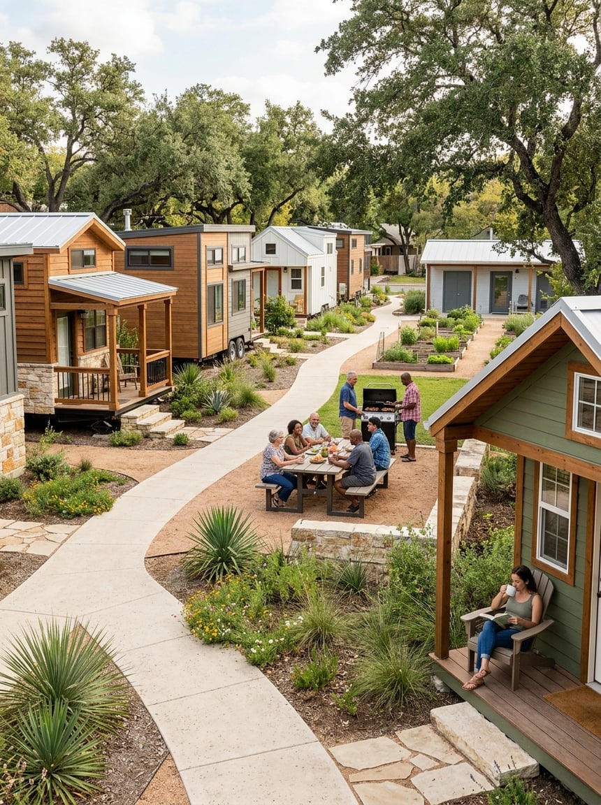 Best Tiny Home Communities in San Antonio: A Complete Guide 13 Residents gather in a landscaped shared area among small homes in a San Antonio tiny home community.