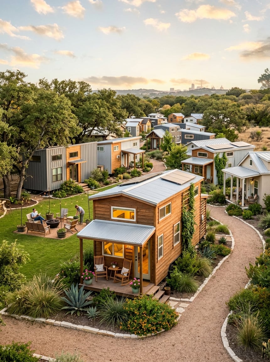 Best Tiny Home Communities in San Antonio: A Complete Guide 14 A welcoming tiny home community with compact houses, landscaped pathways, and shared green space in a sunny Texas setting.