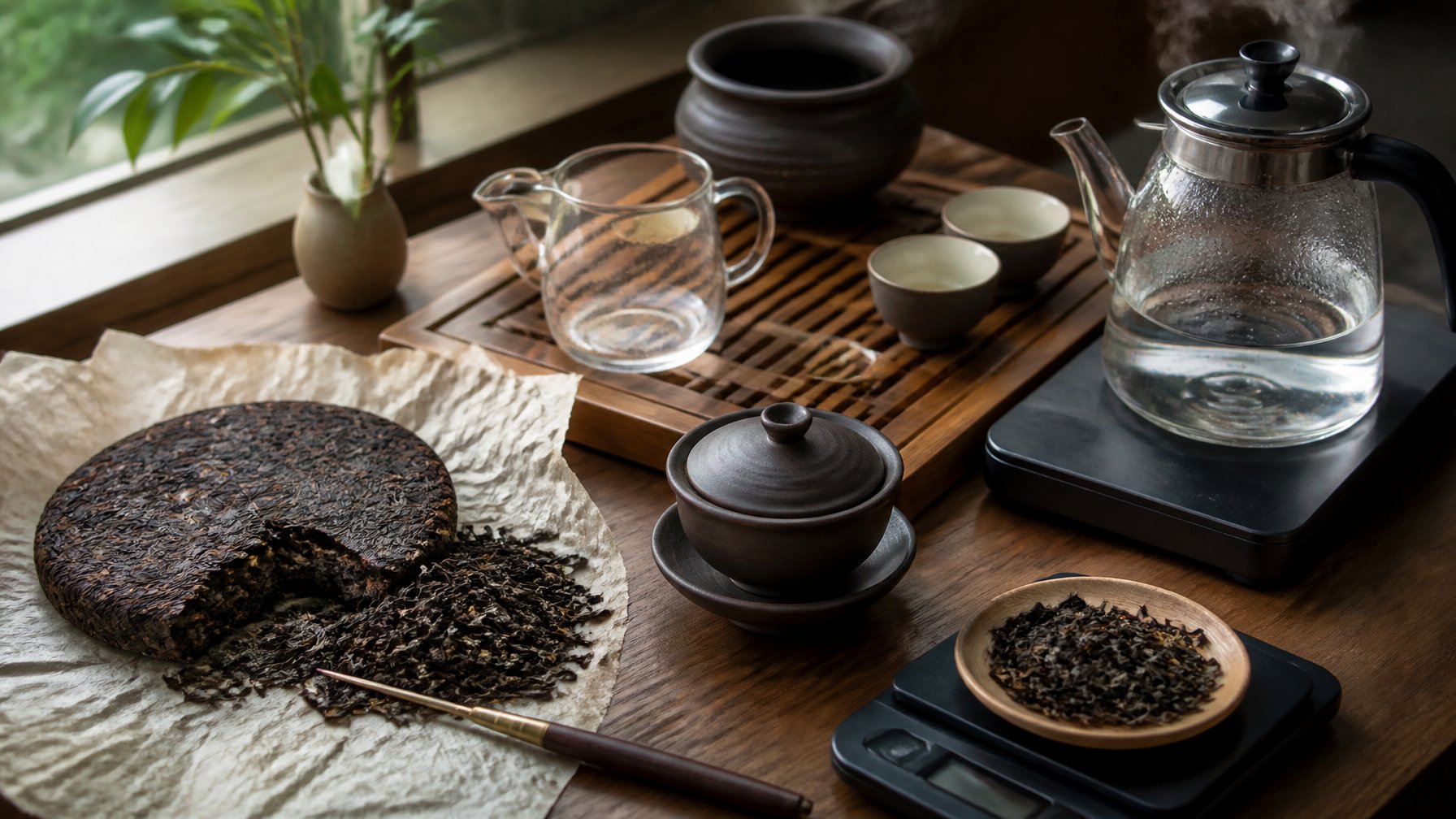 Pu erh tea leaves and traditional brewing equipment arranged on a wooden tea tray.