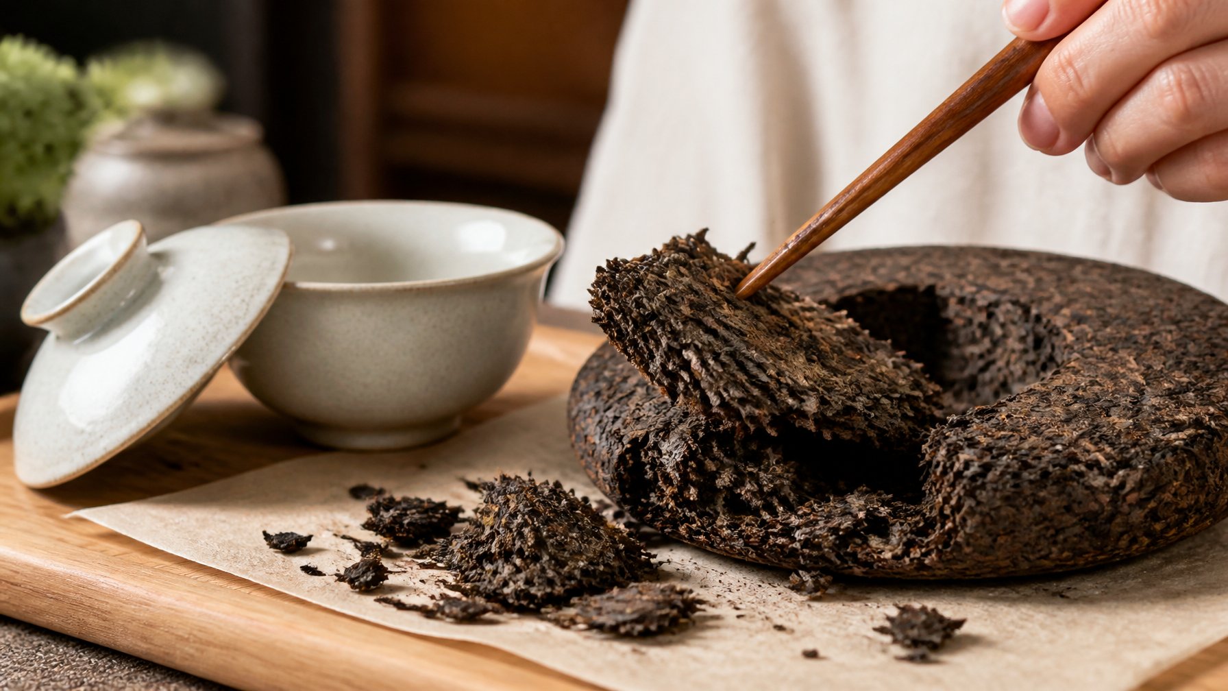 A compressed Pu-erh tea cake is being gently separated into loose leaves with a wooden tea pick beside a small teapot.