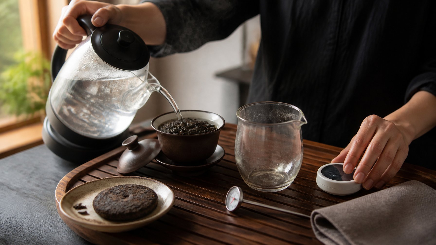 Hands carefully pour hot water over pu erh tea beside a kettle, thermometer, and timer.