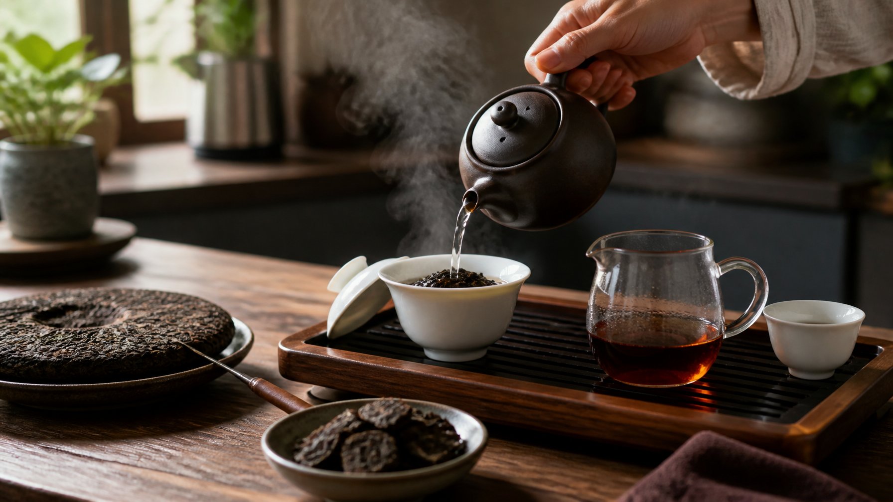 Pu erh tea leaves are brewed in a ceramic teapot beside a cup and kettle.