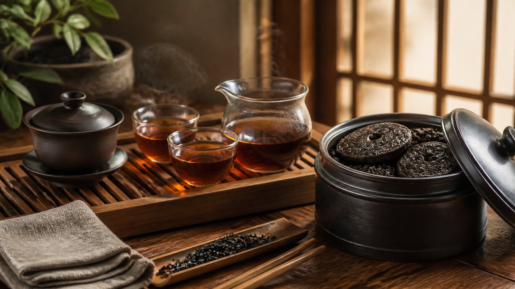 A tea set with brewed pu-erh tea, tea tools, and an open container holding pu-erh tea cakes on a wooden table.