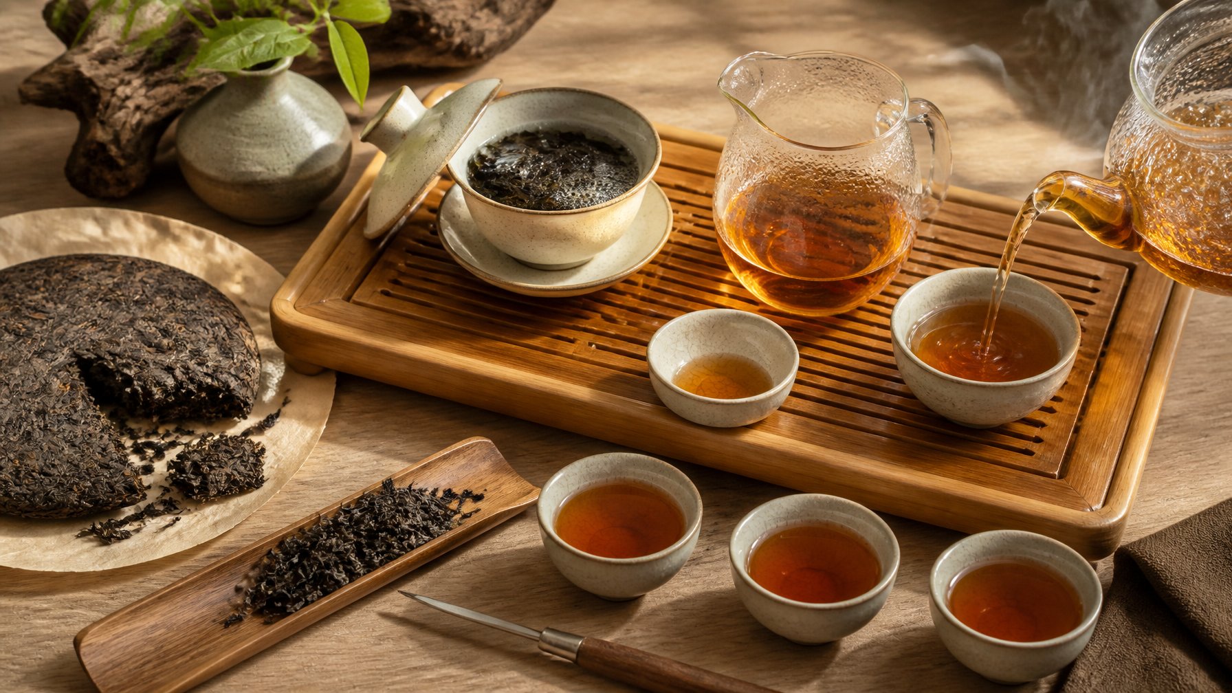 Pu erh tea being prepared with a clay teapot, tea cups, loose tea leaves, and hot water on a bamboo tray.