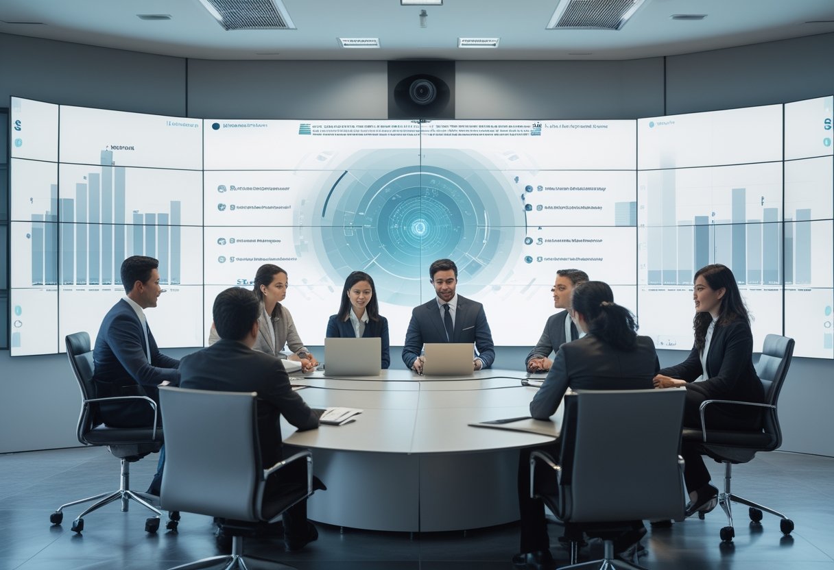 Tim profesional menggunakan perangkat audiovisual berbasis AI dalam rapat di ruang kantor modern.