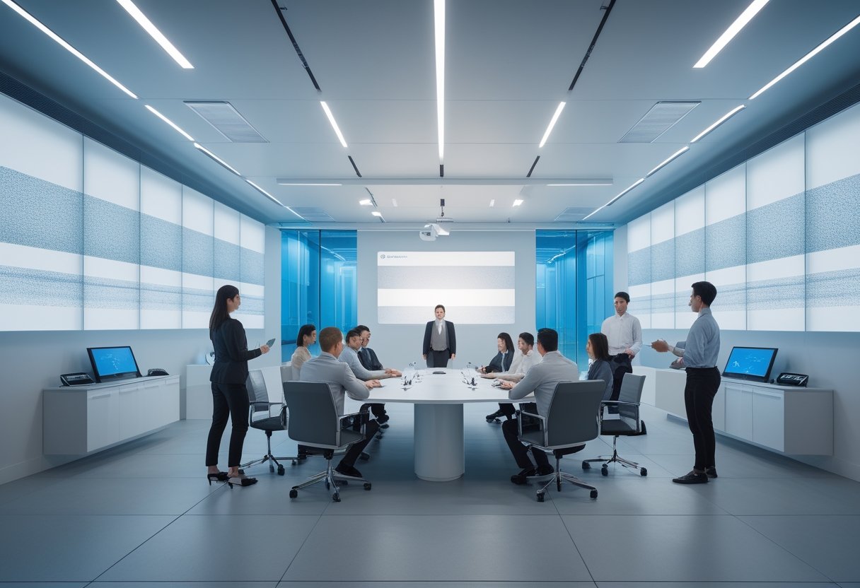 Tim profesional bekerja di kantor pintar dengan perangkat audiovisual, sensor, dan sistem terhubung.