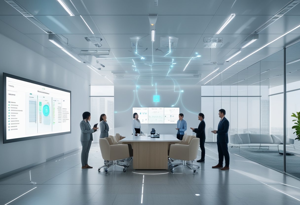 Kantor modern dengan karyawan berkolaborasi menggunakan perangkat audiovisual dan teknologi pintar yang saling terhubung.