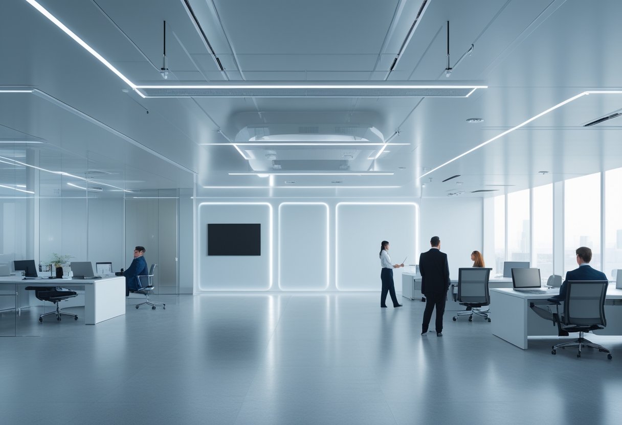 Tim profesional berkolaborasi di kantor modern yang dilengkapi perangkat audiovisual, sensor IoT, dan sistem gedung pintar.