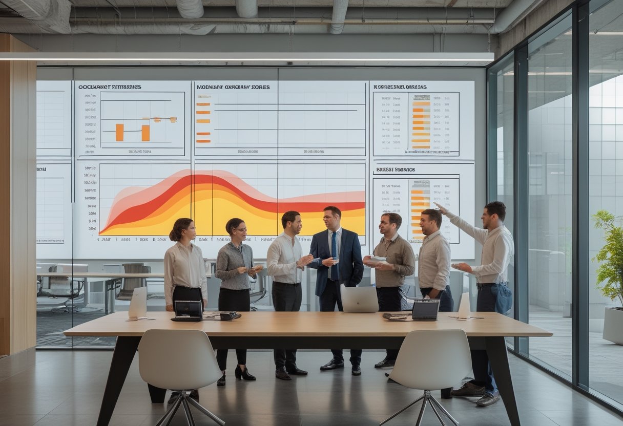 Tim desain kantor menganalisis data penggunaan ruang dan denah untuk merencanakan tata ruang kerja yang lebih fleksibel.
