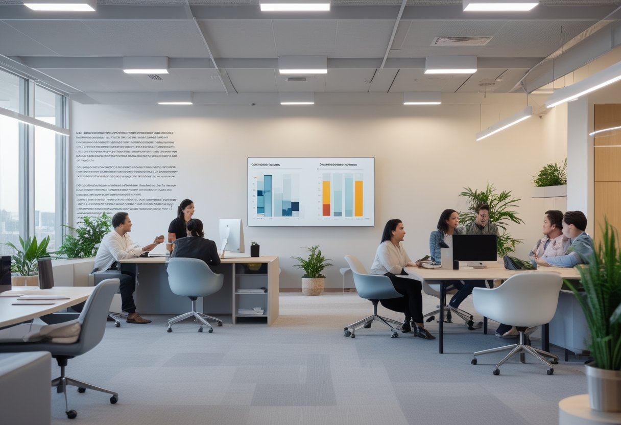 Karyawan bekerja dan berkolaborasi di ruang kantor fleksibel yang dirancang berdasarkan pola penggunaan ruang.
