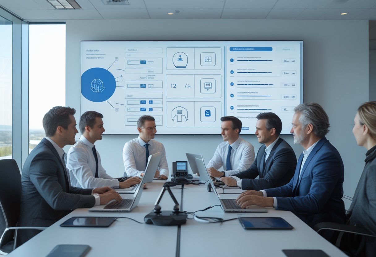Tim profesional berdiskusi di ruang kantor modern dengan layar konferensi dan perangkat kolaborasi digital.