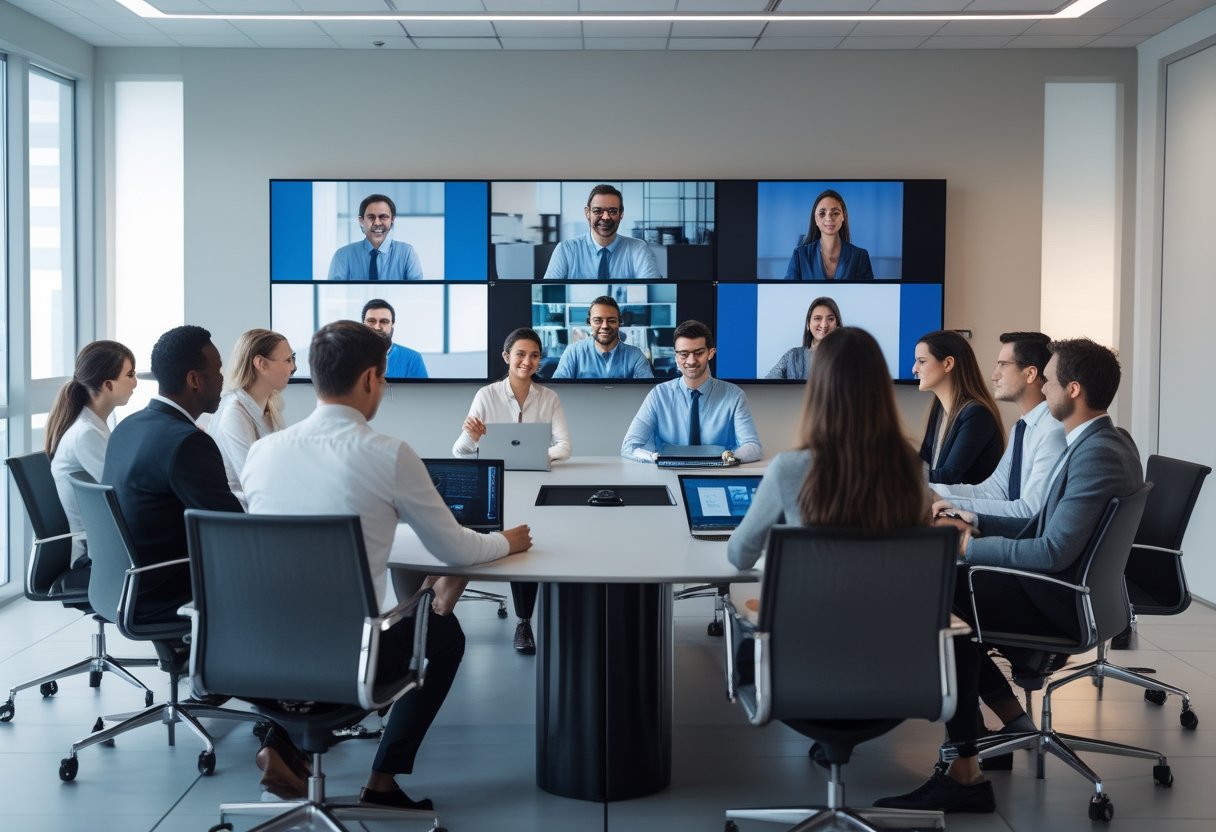 Tim profesional mengikuti rapat video hibrida dengan rekan kerja jarak jauh melalui beberapa layar di ruang meeting modern.