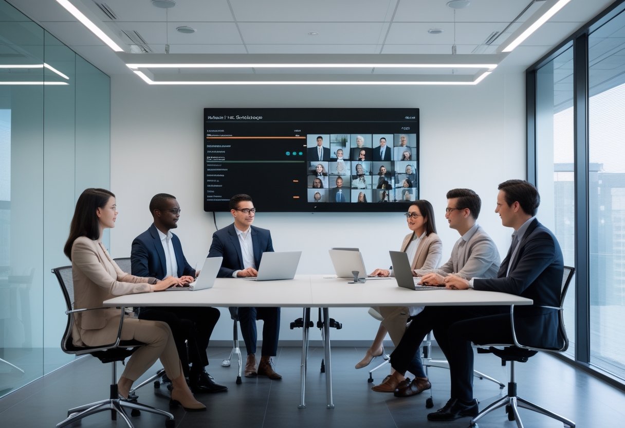 Tim profesional berdiskusi di ruang meeting modern dengan berbagai perangkat konferensi video yang saling terhubung.