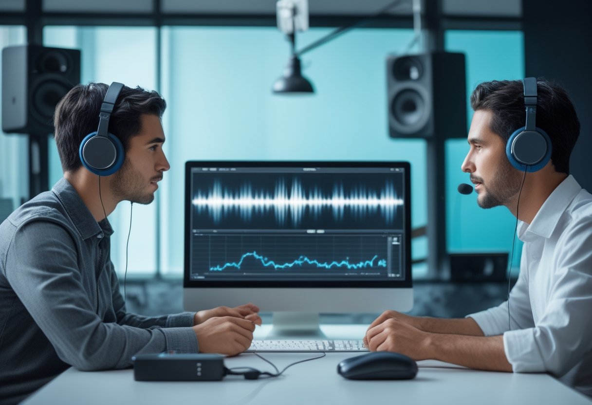 Dua profesional bekerja sama melalui mikrofon dan headphone dalam studio audio dengan visualisasi gelombang suara yang diproses.