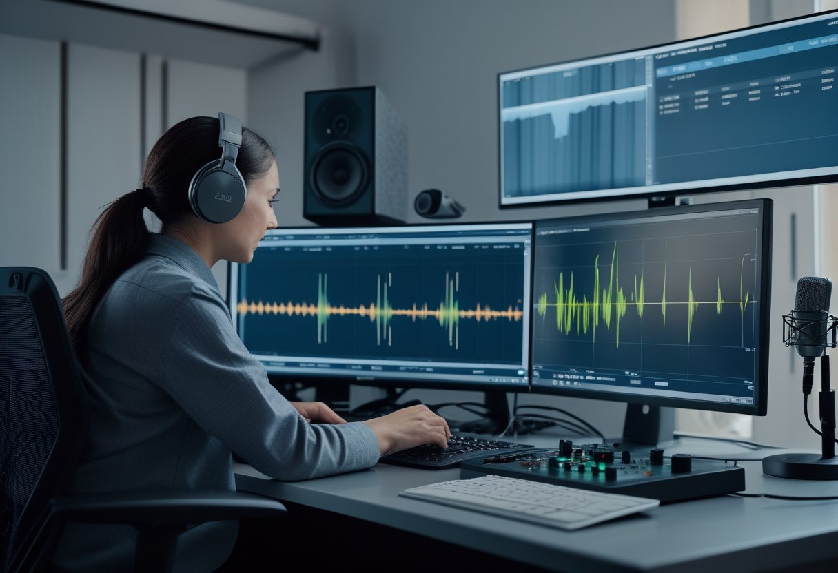 Insinyur audio memantau sistem peningkatan suara AI di studio rekaman dengan mikrofon, komputer, dan grafik gelombang suara.