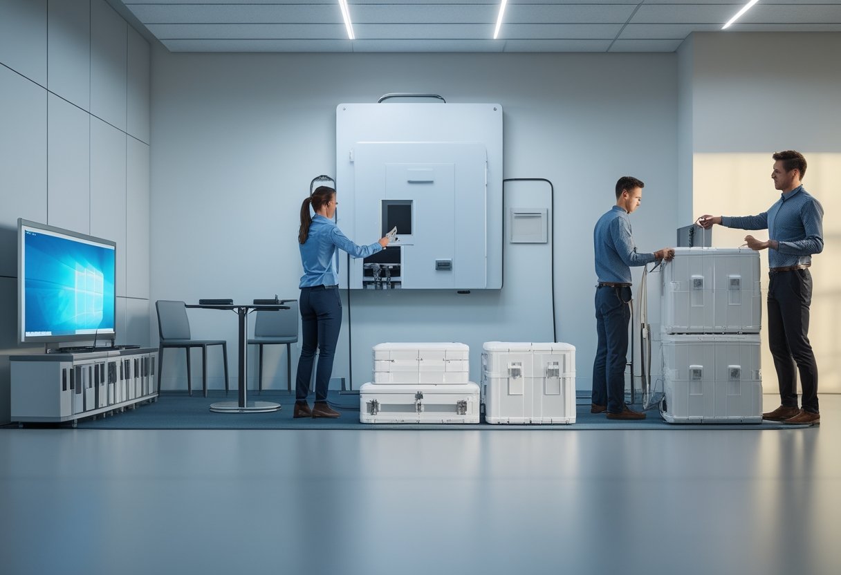 Tim instalasi menyiapkan perangkat ruang meeting modular di kantor modern.
