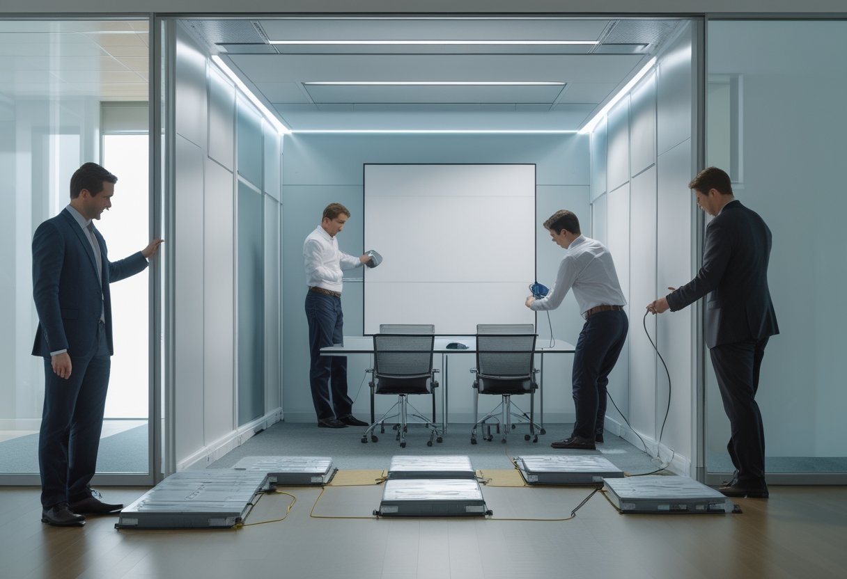 Tim profesional menyiapkan ruang meeting modular dari komponen yang dikemas untuk penggunaan cepat.