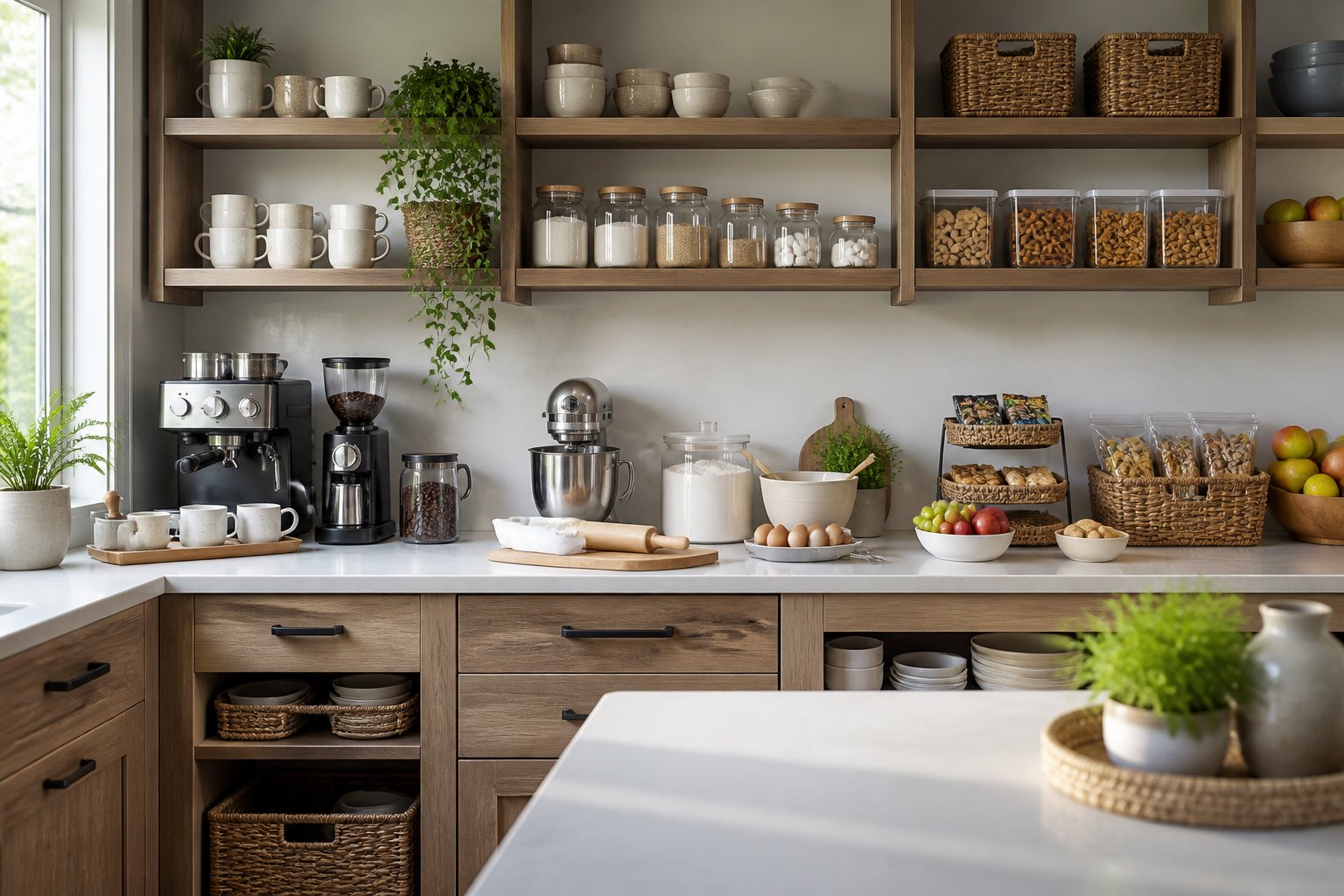 An organized kitchen with separate coffee, baking, and snack stations.