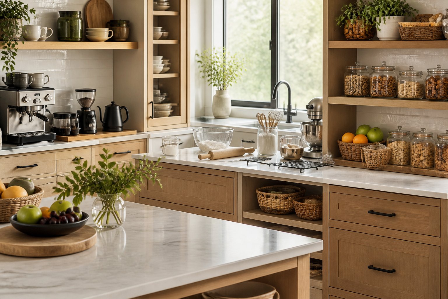 An organized modern kitchen with separate coffee, baking, and snack preparation stations.