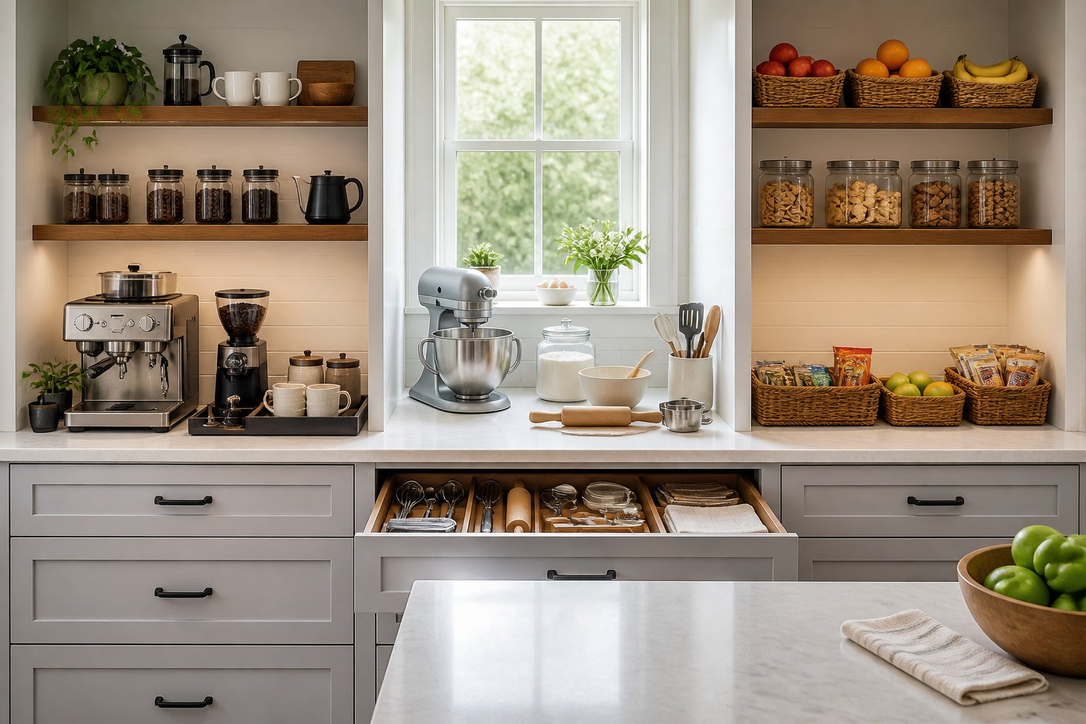 An organized kitchen with separate coffee, baking, and snack preparation stations.