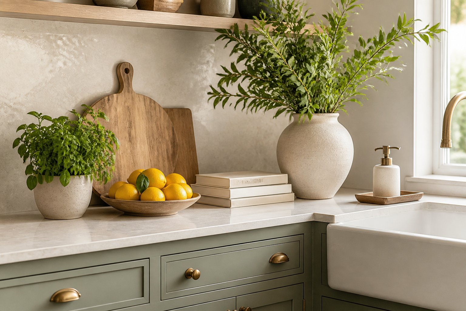 A neatly decorated kitchen countertop with a vase, potted herb, cutting board, bowl of lemons, and stacked books.