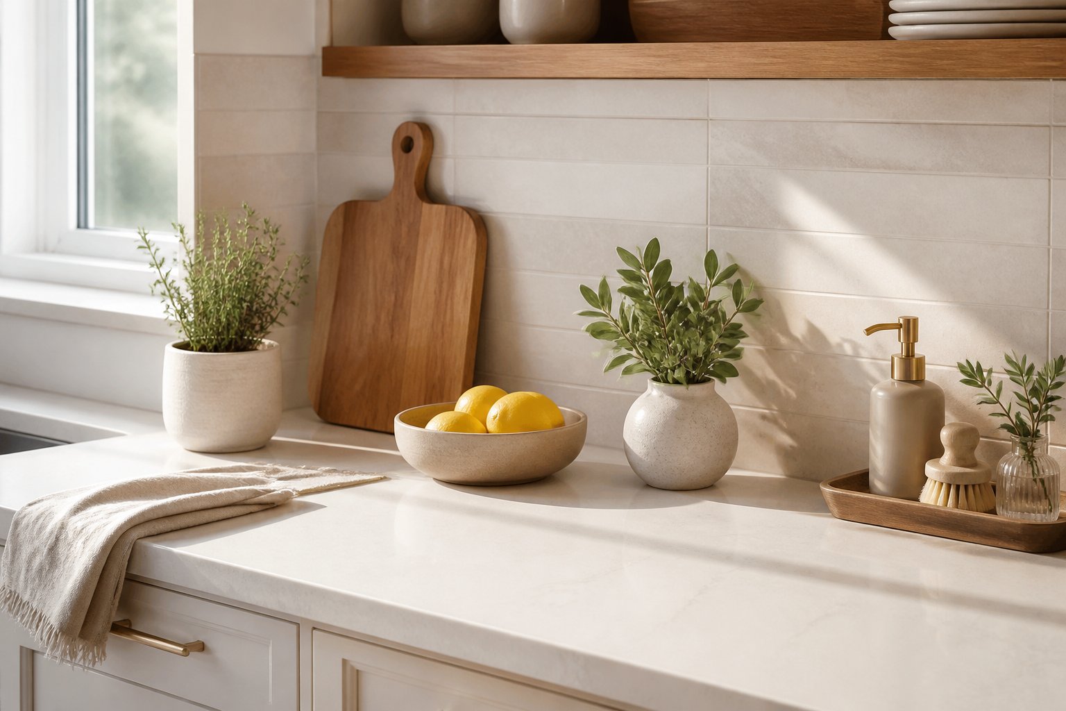 A bright kitchen countertop arranged with plants, a cutting board, a bowl of lemons, a vase, and a folded towel.