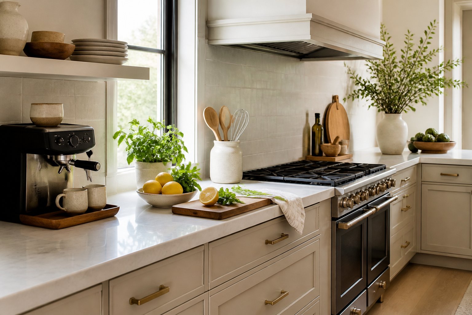 A bright kitchen countertop arranged into distinct zones for coffee, food preparation, cooking, and display.