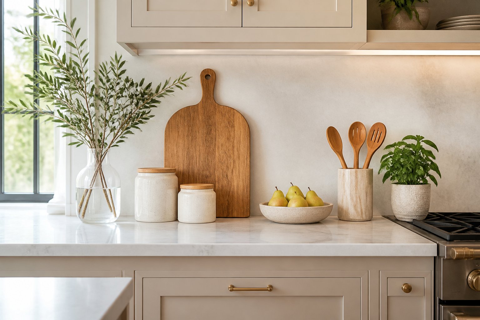 A bright modern kitchen with a neatly styled countertop featuring ceramics, a vase of greenery, fruit, and wooden utensils.