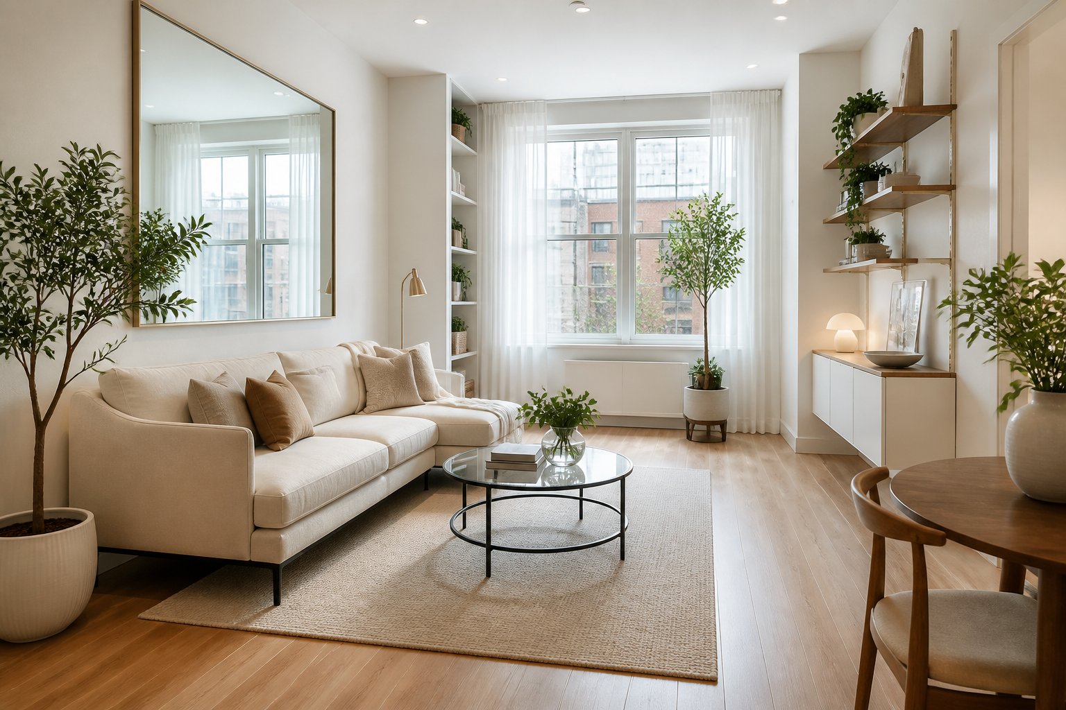 A bright, compact living room arranged with light furniture, open shelving, a large mirror, and minimal decor.