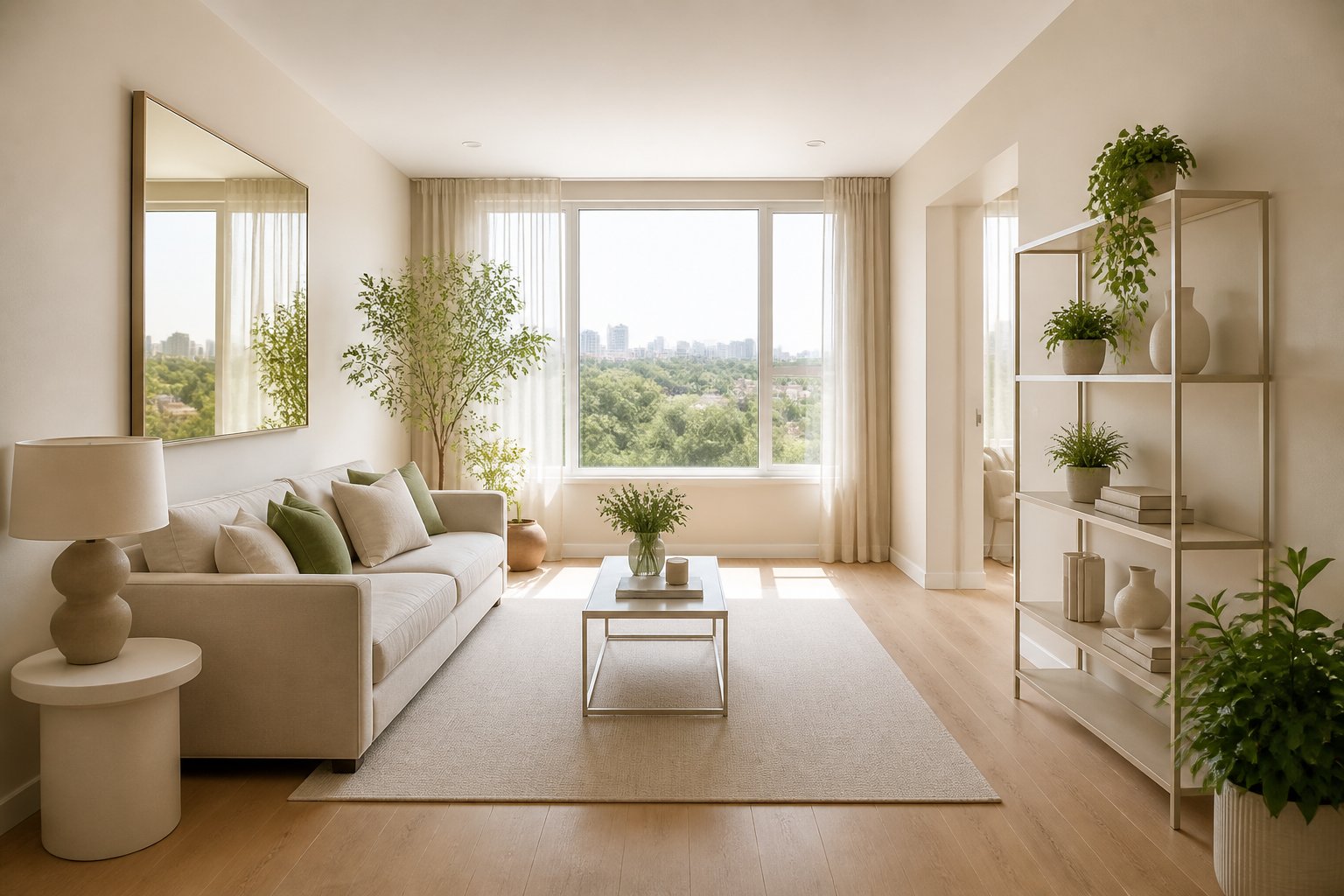 A bright small living room with light furnishings, open sightlines, a large window, and a wall mirror.