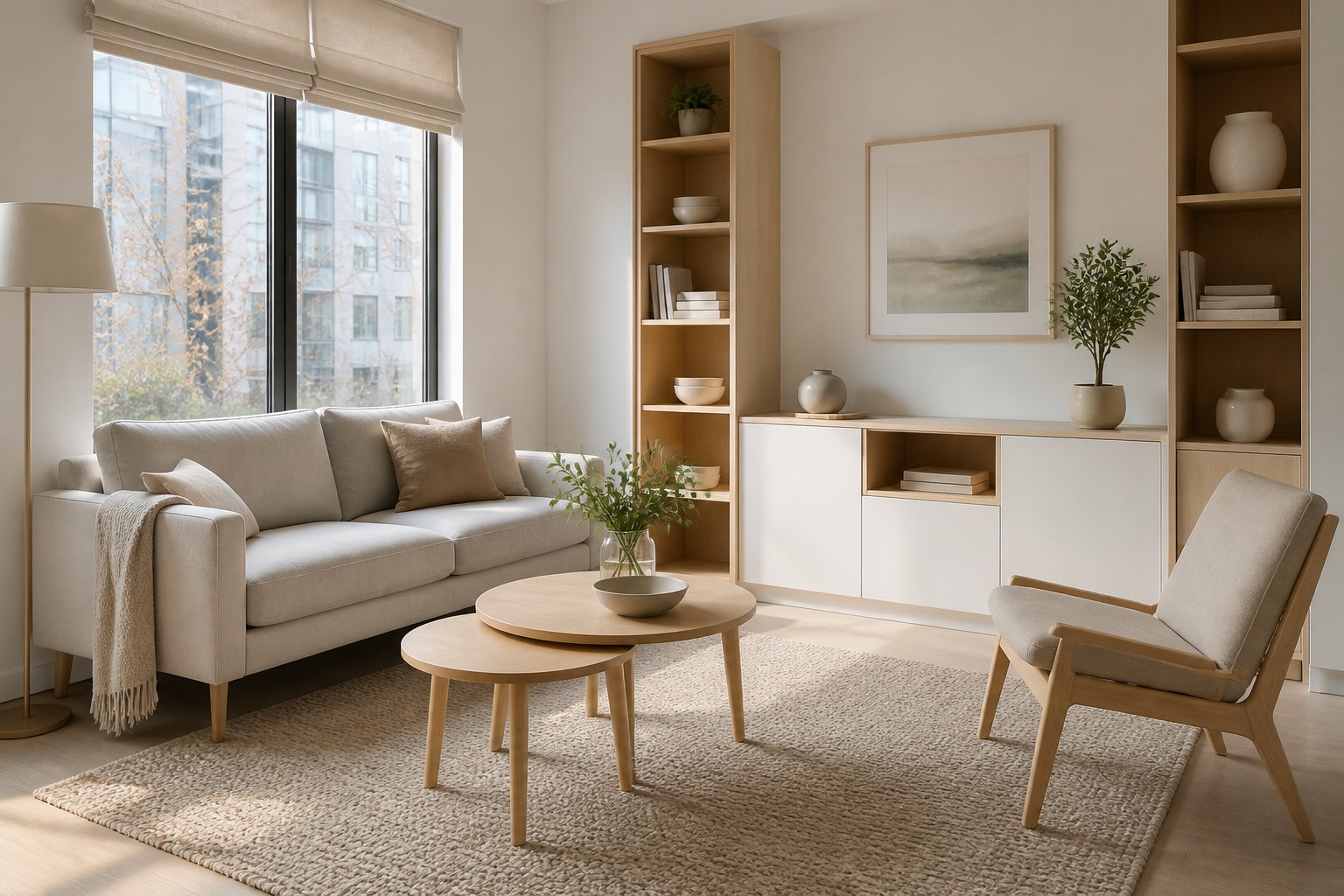 A bright small living room with compact furniture, movable seating, and organized vertical storage.