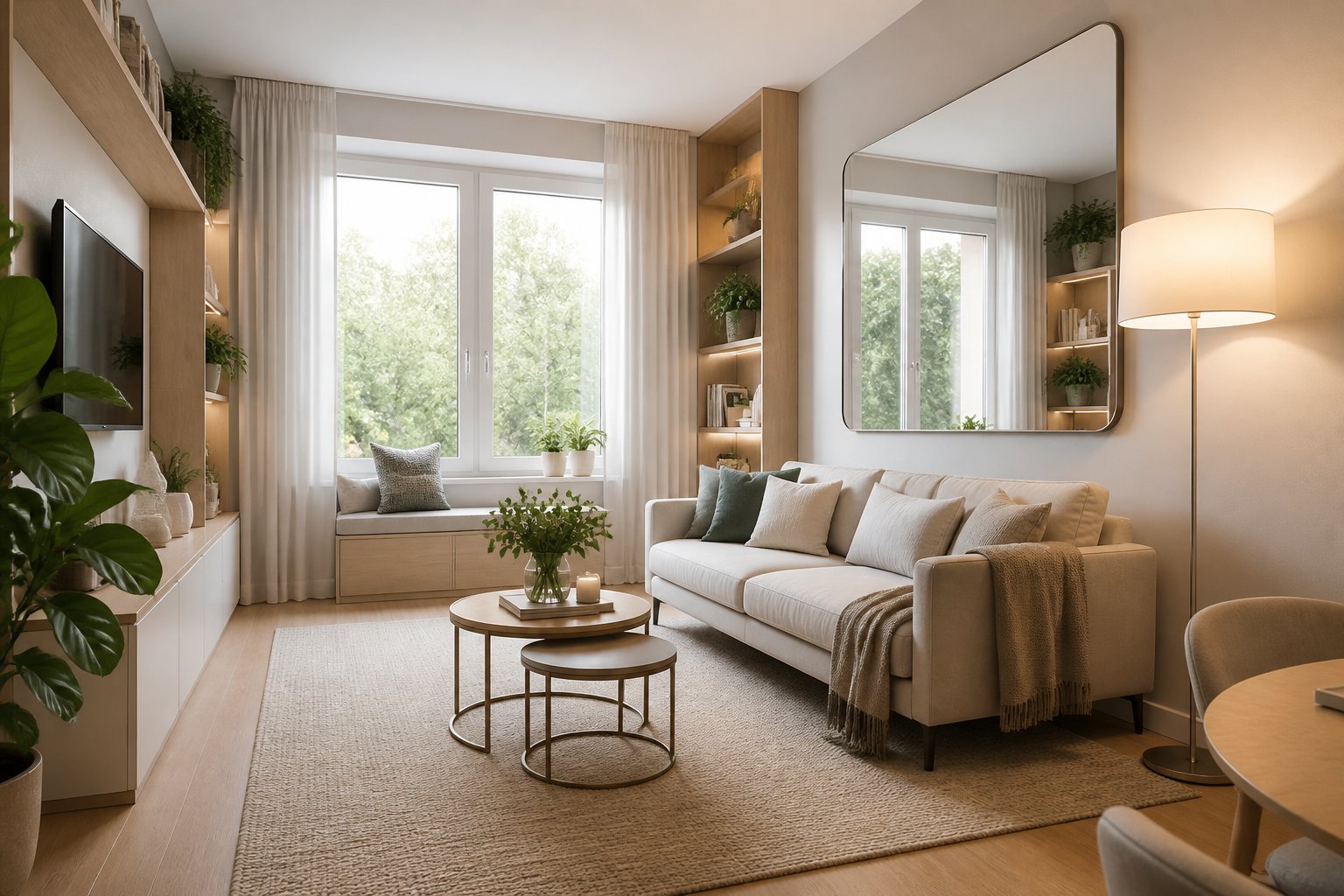 A bright, compact living room arranged with space-saving furniture, a large mirror, open shelving, and indoor plants.
